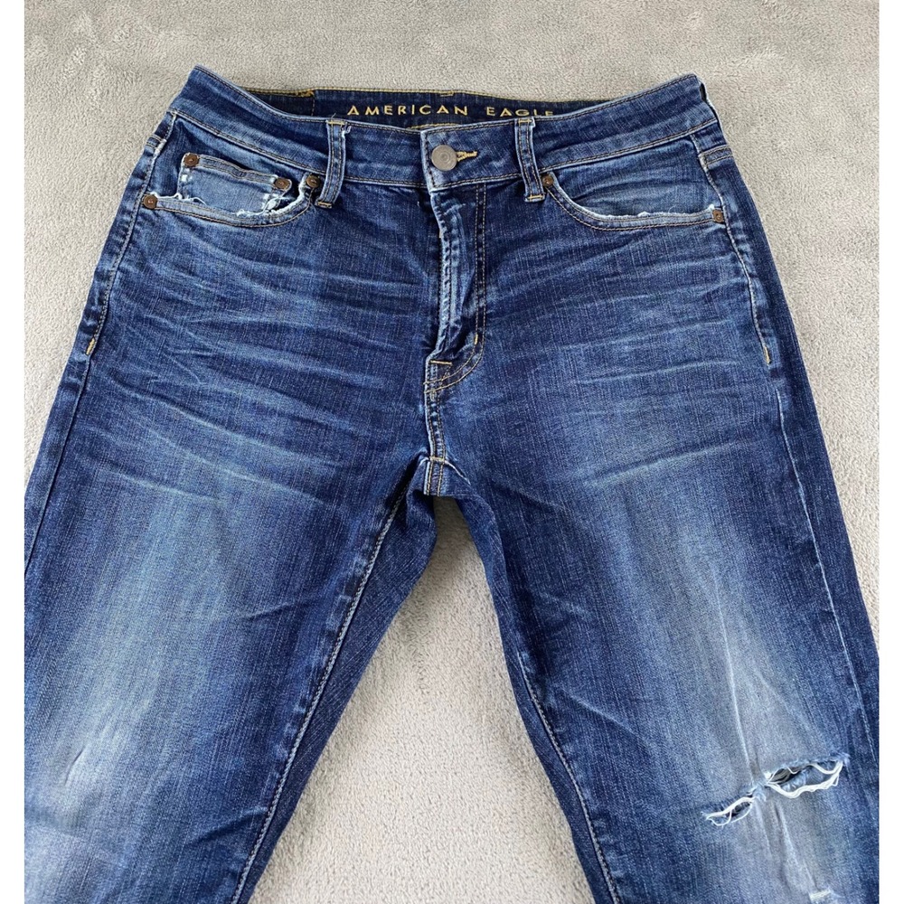 American Eagle Mens Next Level Flex Slim Taper Distressed Dark Wash Jeans 32x30 - Picture 2 of 16